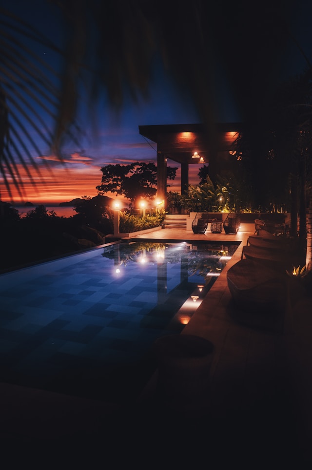Luxury hotel at a private island resort in Palawan Philippines at night.