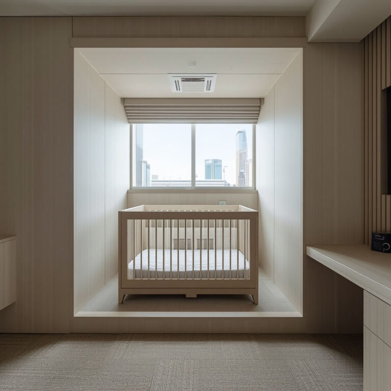 Clean organised hotel room with infant crib