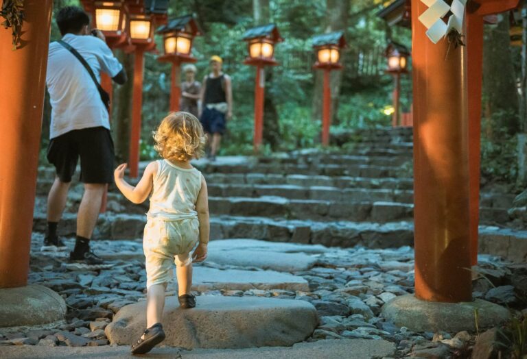 Little boy going up steps in Japan
