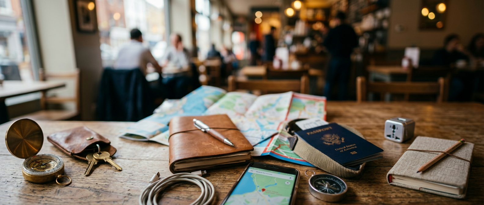 Travel maps, leather journal with pen, smartphone with map, passport, compass, and charging cable on wooden table