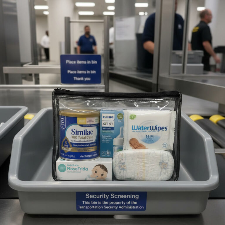 Clear PVC pouch with factory-labeled infant consumables like baby formula in airport security bin