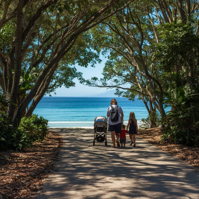 Family with a pram walking a shaded path toward Catseye Beach on Hamilton Island with calm blue water