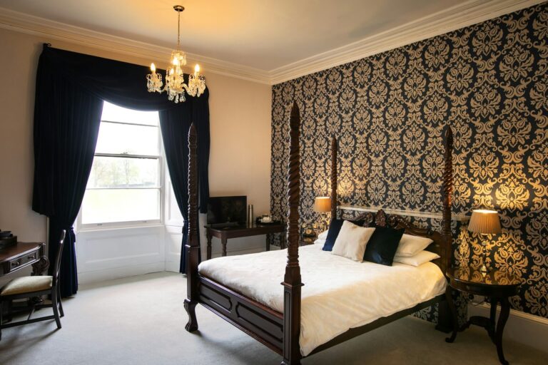 Hotel room with blackout curtains to help baby sleep