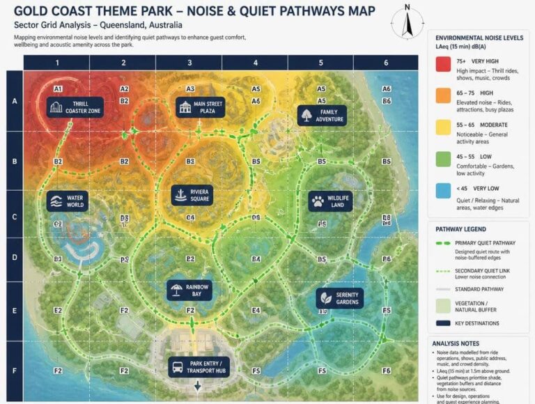 Analytical schematic mapping environmental noise levels and quiet pathways in gold coast theme park sector grid QLD